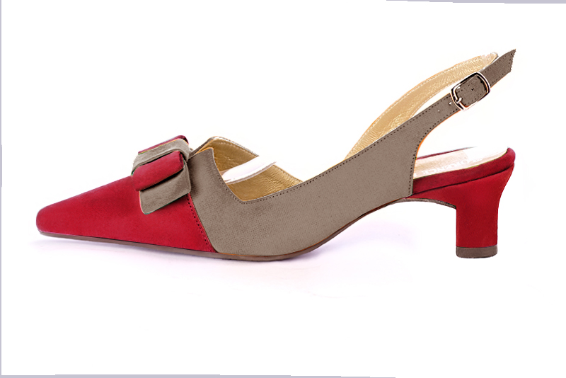 Cardinal red and taupe brown women's open back shoes, with a knot. Tapered toe. Low kitten heels. Profile view - Florence KOOIJMAN